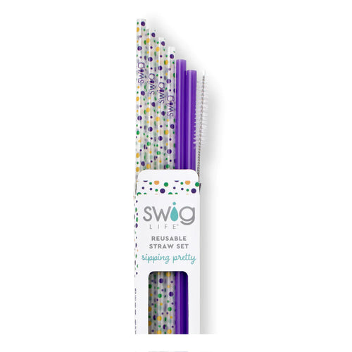 Swig Life Hey Mister + Purple Reusable Straw Set with six straws and cleaning brush