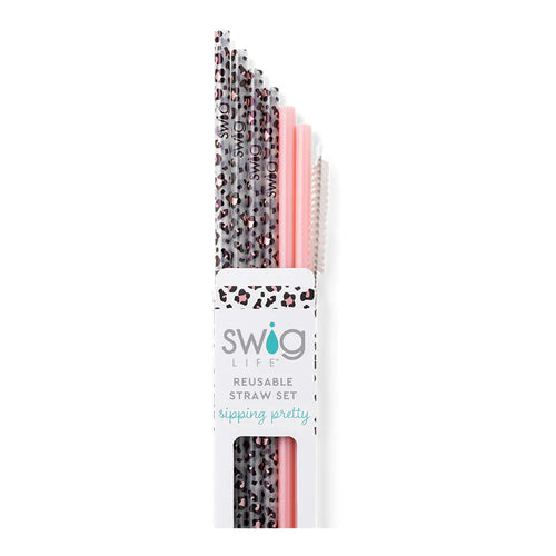 Swig Life Luxy Leopard + Blush Reusable Straw Set with six straws and cleaning brush