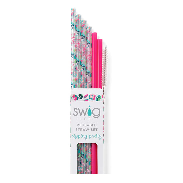 Swig Life Party Animal + Hot Pink Reusable Straw Set with six straws and cleaning brush
