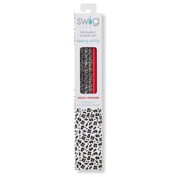 Gold Leopard + Red Reusable Straw Set
