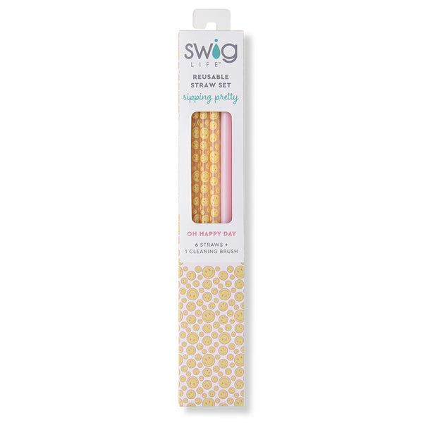 Swig Life Oh Happy Day + Pink Reusable Straw Set inside packaging