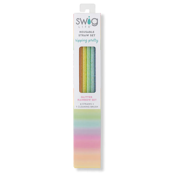 Swig Life Rainbow Glitter Reusable Straw Set inside packaging