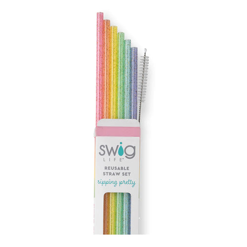 Swig Life Rainbow Glitter Reusable Straw Set with six straws and cleaning brush