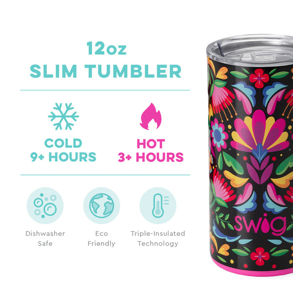 Swig Life 12oz Caliente Slim Tumbler temperature infographic - cold 9+ hours or hot 3+ hours
